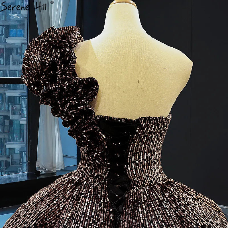 Dubai Brown Sequined Sleeveless Bling Wedding Dress 2024 One Shoulder Luxury Sexy Bridal Gowns HM66860 Cusotm Made