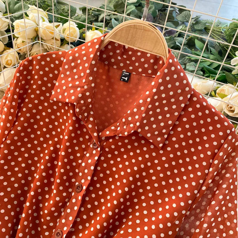 Women's Long Sleeve Polka Dot Pleated Dress Autumn Fashion Vintage Chiffon Casual Shirt Dresses Solid Chic Elegant Female Robe