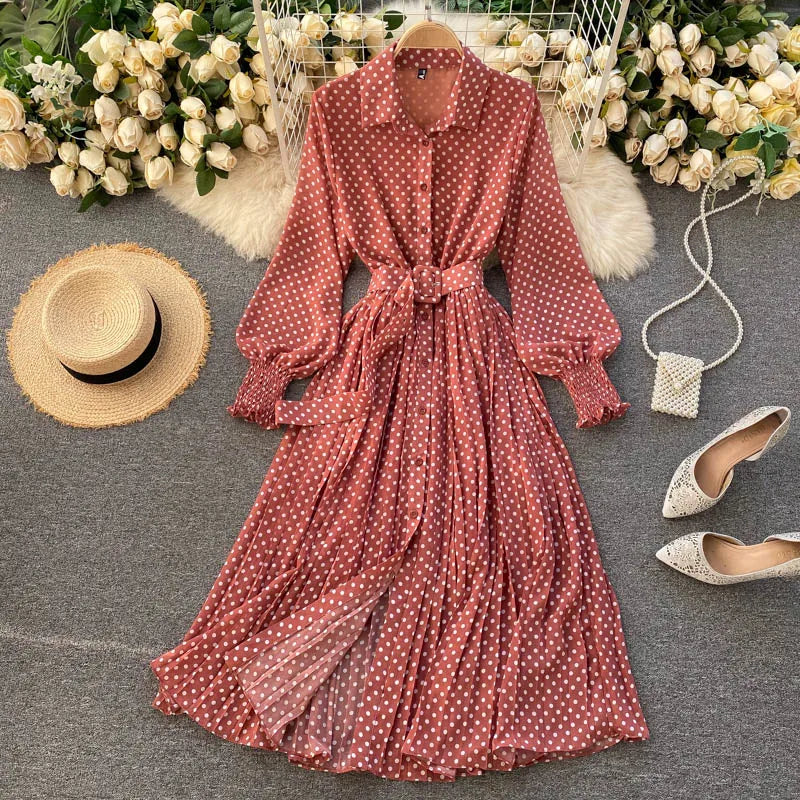 Women's Long Sleeve Polka Dot Pleated Dress Autumn Fashion Vintage Chiffon Casual Shirt Dresses Solid Chic Elegant Female Robe