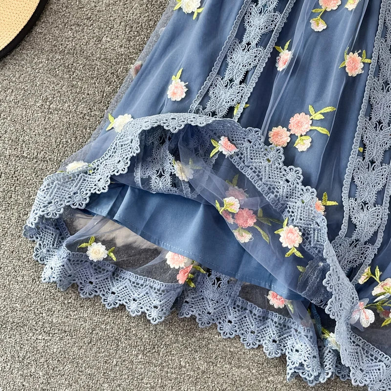 New Fashion Autumn Women O Neck Long Sleeve Mesh Embroidery Hook Flower Slim A-line Dress Elegant Female Party Clothes Vestidos