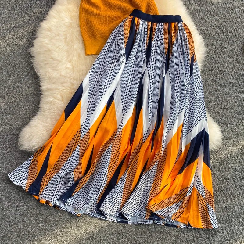 Pinkou Women Elegant Orange Blouse Set Short Sleeve Knitted Shirt Elastic Waist Midi Skirt Summer Two Piece Set Mujer TZ33