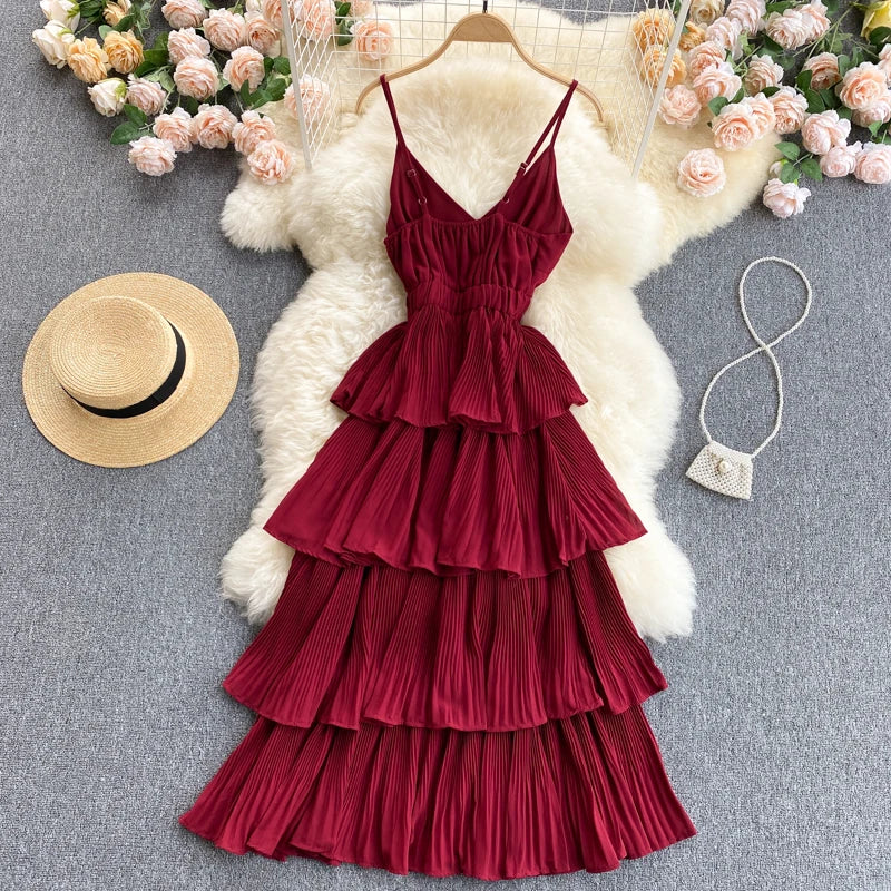 Women Beach Midi Dress 2021 New Summer Sexy V-neck Pleat Layer Ruffled Beach Dresses Ladies Elegant A Line Long Robe Vestido