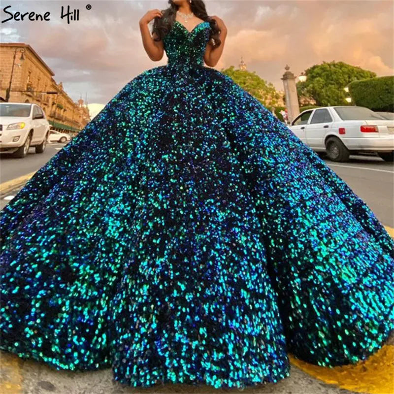 Dubai Sweetheart Sexy Green Luxury Wedding Dresses 2024 Sequined Off Shoulder Bridal Gowns Serene Hill HM66991 Custom Made