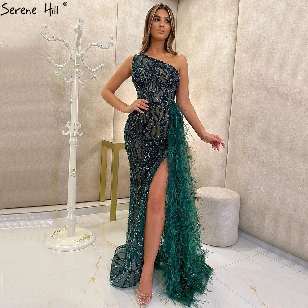 Pink Luxury One Shouder Split Evening Dresse 2023 Elegant Mermaid Beading Gowns Feathers For Women Party BLA70829 Serene Hill