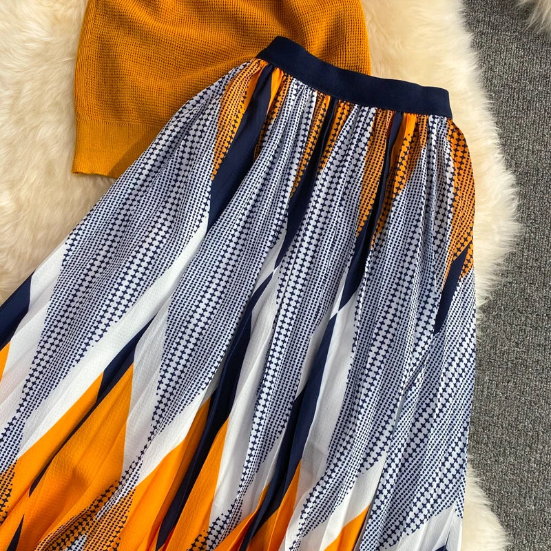 Pinkou Women Elegant Orange Blouse Set Short Sleeve Knitted Shirt Elastic Waist Midi Skirt Summer Two Piece Set Mujer TZ33