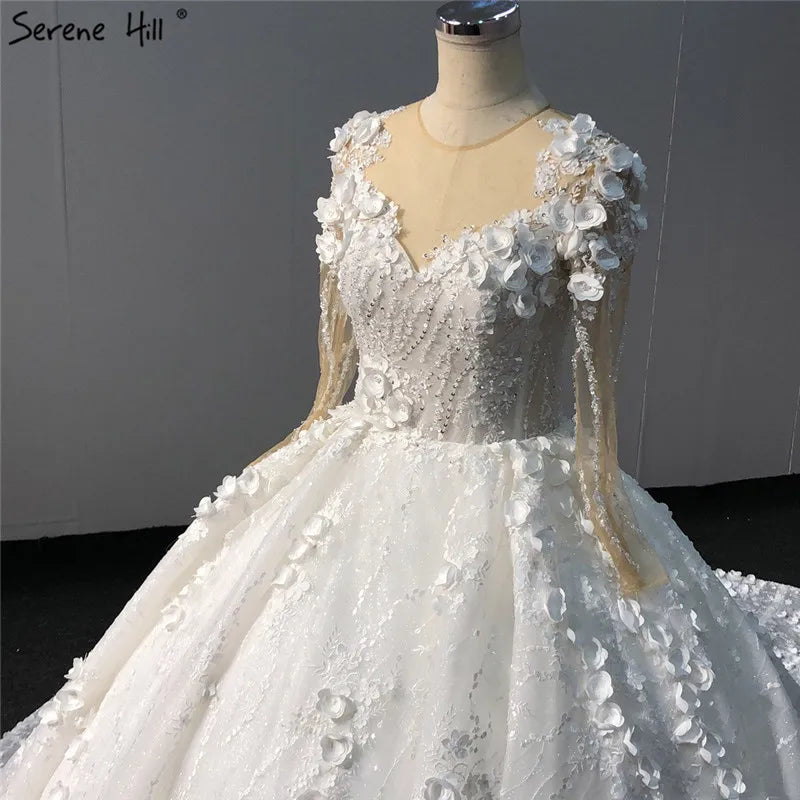 Ivory Long Sleeves Handmade Flowers Wedding Dresses 2024 Dubai O-Neck Vintage Princess Bridal Gowns HA2263 Custom Made