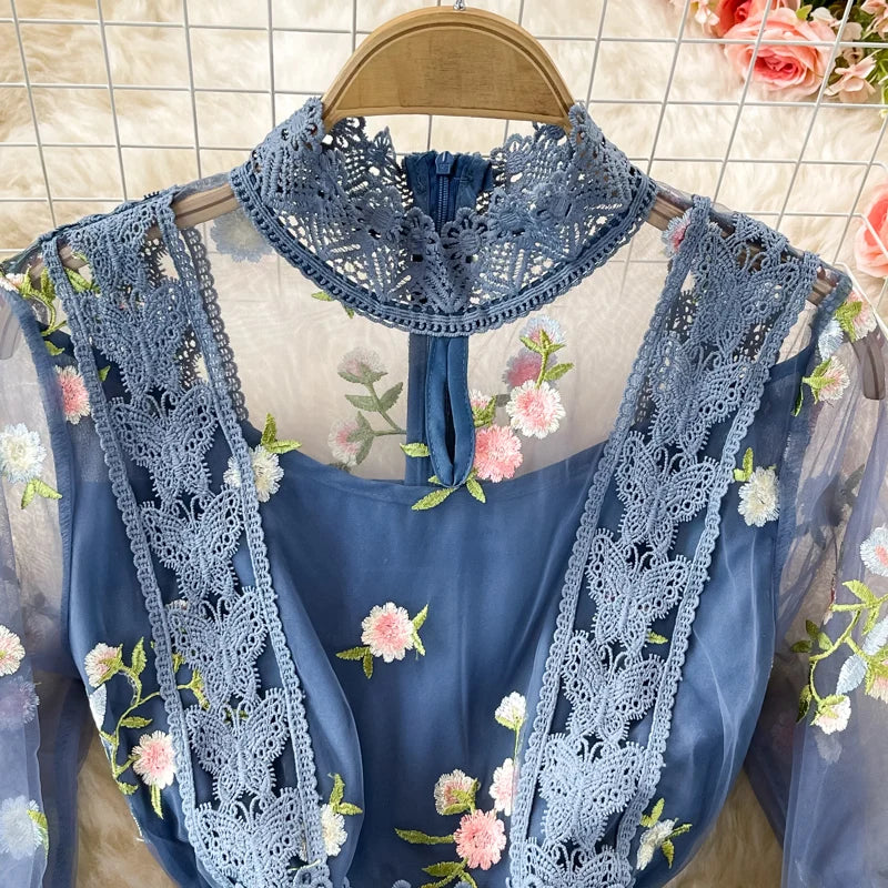 New Fashion Autumn Women O Neck Long Sleeve Mesh Embroidery Hook Flower Slim A-line Dress Elegant Female Party Clothes Vestidos
