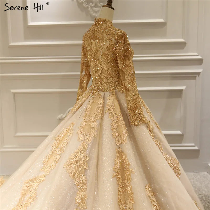 Gold Extreme Luxury Long Sleeves Wedding Dresses 2024 Handmade Flowers Sequined Vintage Bridal Gown HA2184 Custom Made