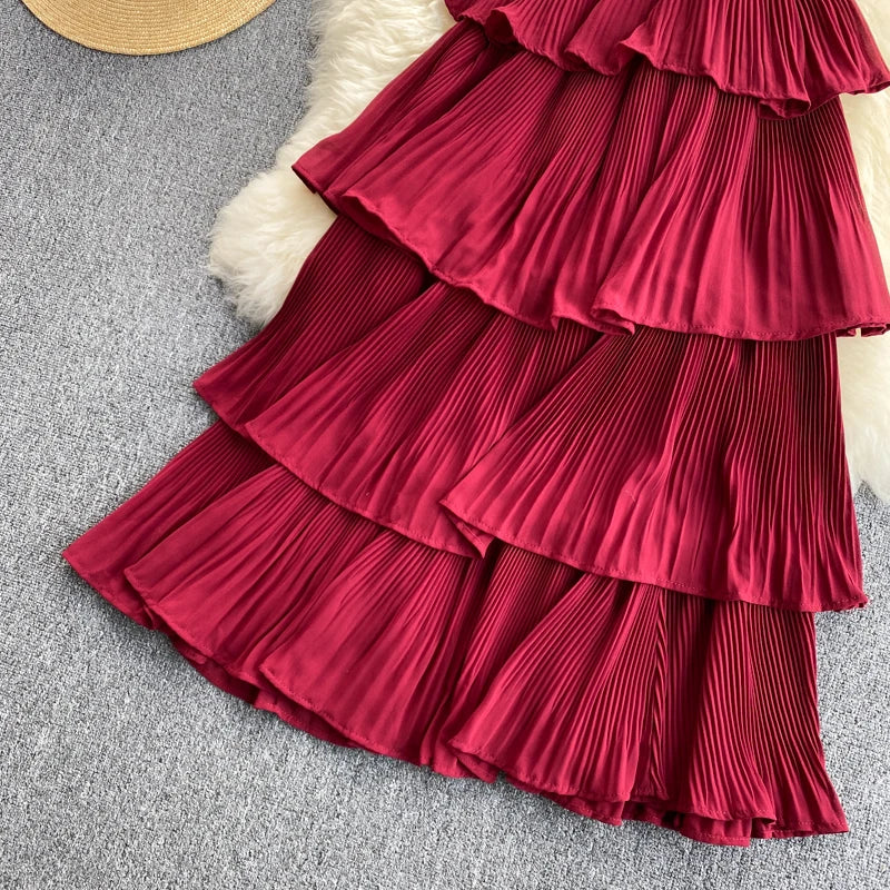 Women Beach Midi Dress 2021 New Summer Sexy V-neck Pleat Layer Ruffled Beach Dresses Ladies Elegant A Line Long Robe Vestido