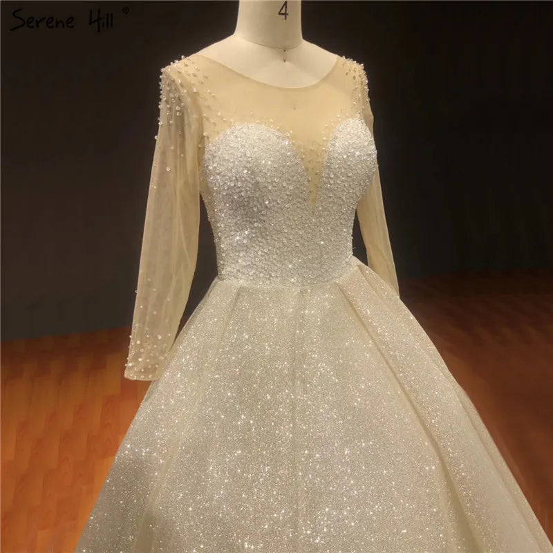 Dubai Champagne Sequined Sparkle Wedding Dresses 2024 Long Sleeve Vintage Princess Bridal Gowns HA2261 Custom Made