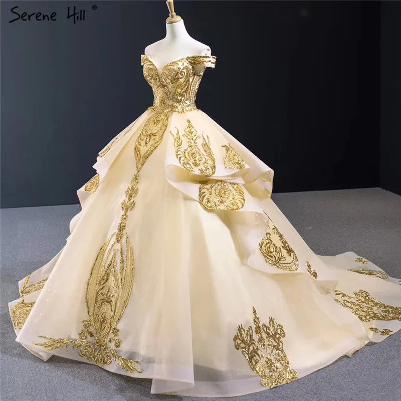 Gold Sweetheart Sexy Sequined Luxury Wedding Dresses 2024 High Quality Off Shoulder Sparkle Bridal Gowns HM67024 Custom Made
