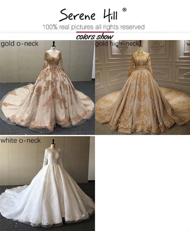Gold Extreme Luxury Long Sleeves Wedding Dresses 2024 Handmade Flowers Sequined Vintage Bridal Gown HA2184 Custom Made
