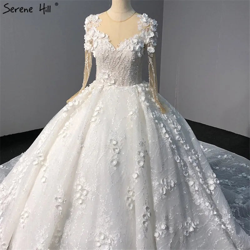 Ivory Long Sleeves Handmade Flowers Wedding Dresses 2024 Dubai O-Neck Vintage Princess Bridal Gowns HA2263 Custom Made