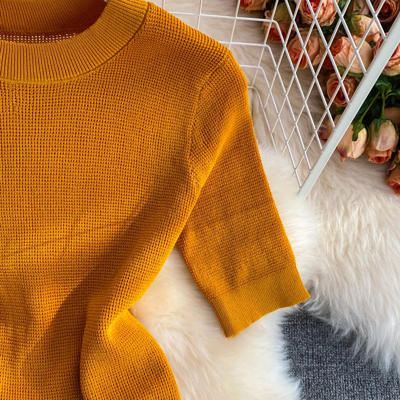 Pinkou Women Elegant Orange Blouse Set Short Sleeve Knitted Shirt Elastic Waist Midi Skirt Summer Two Piece Set Mujer TZ33