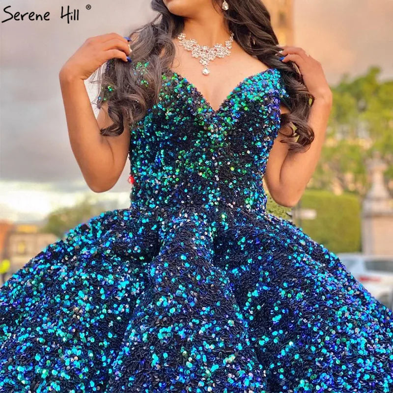 Dubai Sweetheart Sexy Green Luxury Wedding Dresses 2024 Sequined Off Shoulder Bridal Gowns Serene Hill HM66991 Custom Made