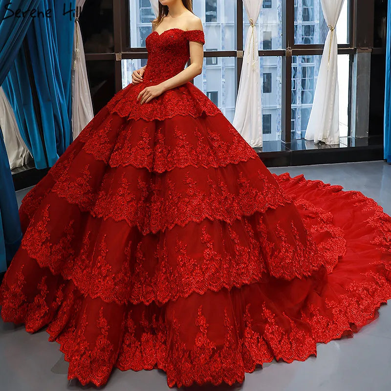 Wine Red Lace Tiered Vintage High-end Sexy Wedding Dress 2024 Off Shoulder Bridal Gowns Real Photo HM66786 Custom Made