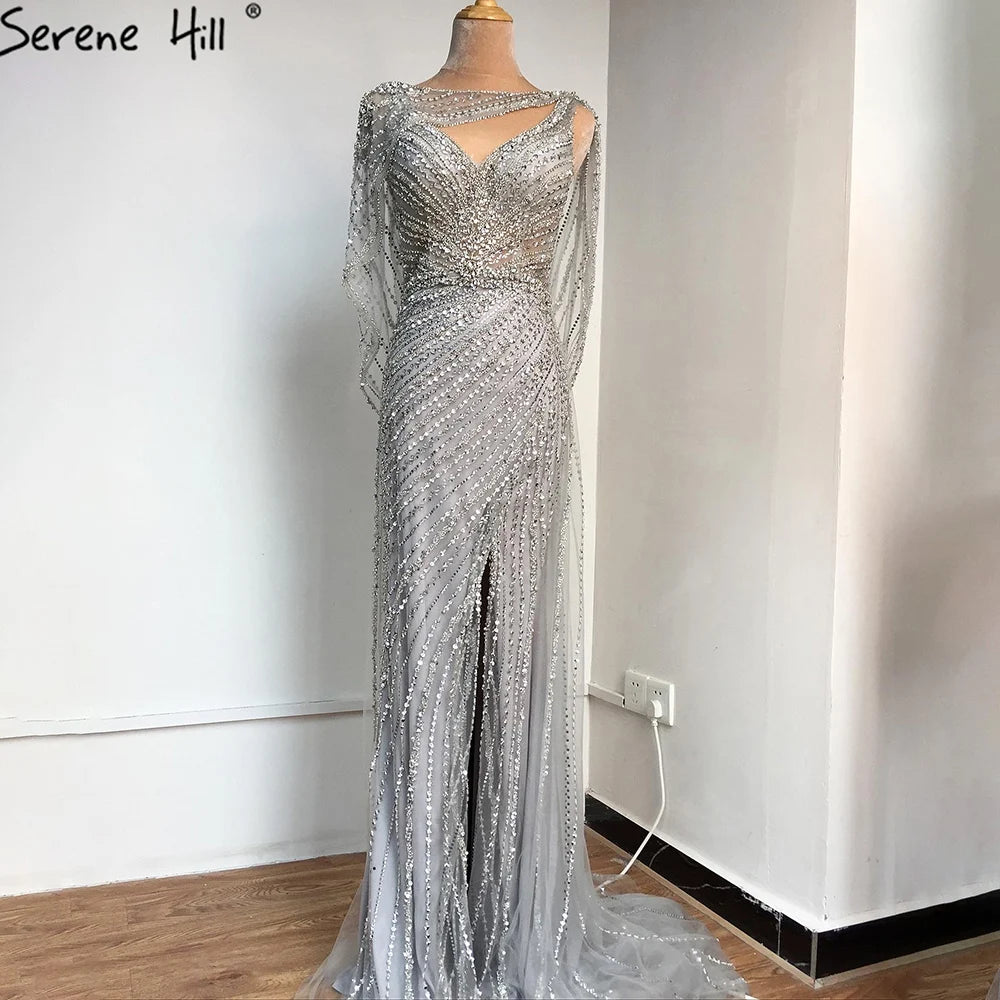 Luxury Champagne Split Evening Dresses 2024 Diamond Beaded Sleeveless Mermaid Formal Serene Hill LA70301