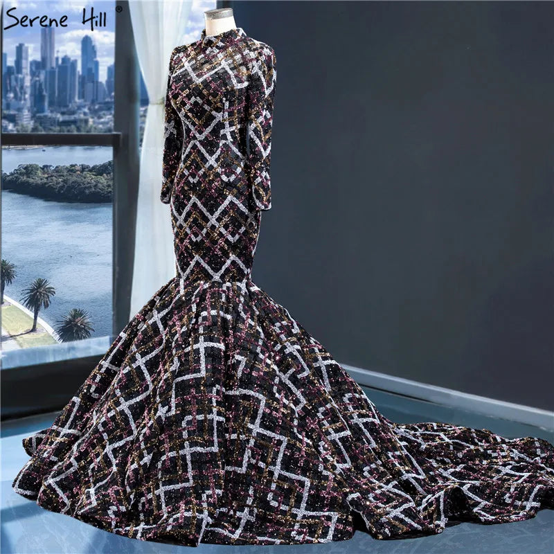 Dubai Black Colorful Sequins Wedding Dresses 2024 Long Sleeve Luxury Mermaid Wedding Gowns HM67018 Custom Made