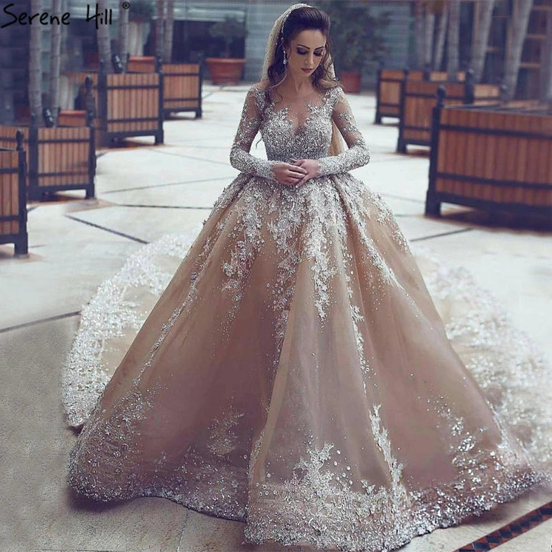 Dubai Champagne Long Sleeves Luxury Wedding Dresses 2024 Handmade Flowers Sequined Bridal Gowns HA2222 Custom Made
