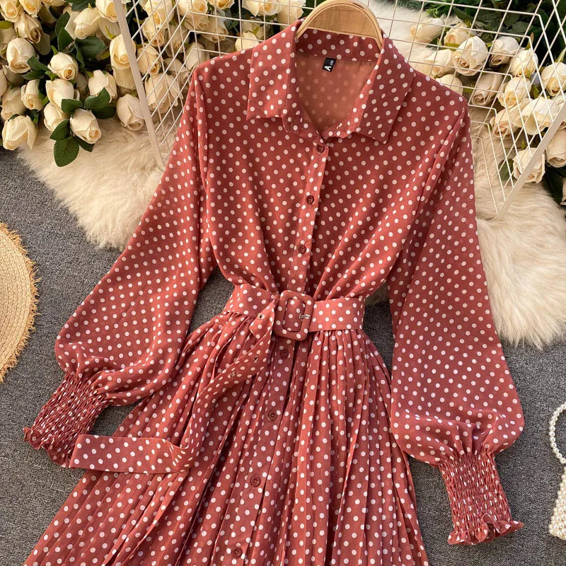 Women's Long Sleeve Polka Dot Pleated Dress Autumn Fashion Vintage Chiffon Casual Shirt Dresses Solid Chic Elegant Female Robe