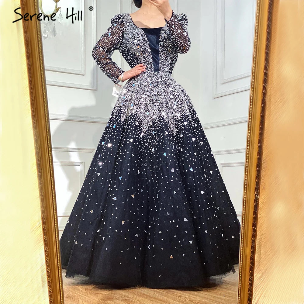 Serene Hill Muslim Black A-Line Evening Dresses Gowns 2024 Sequined Beaded Luxury For Woman Wedding Party LA71214