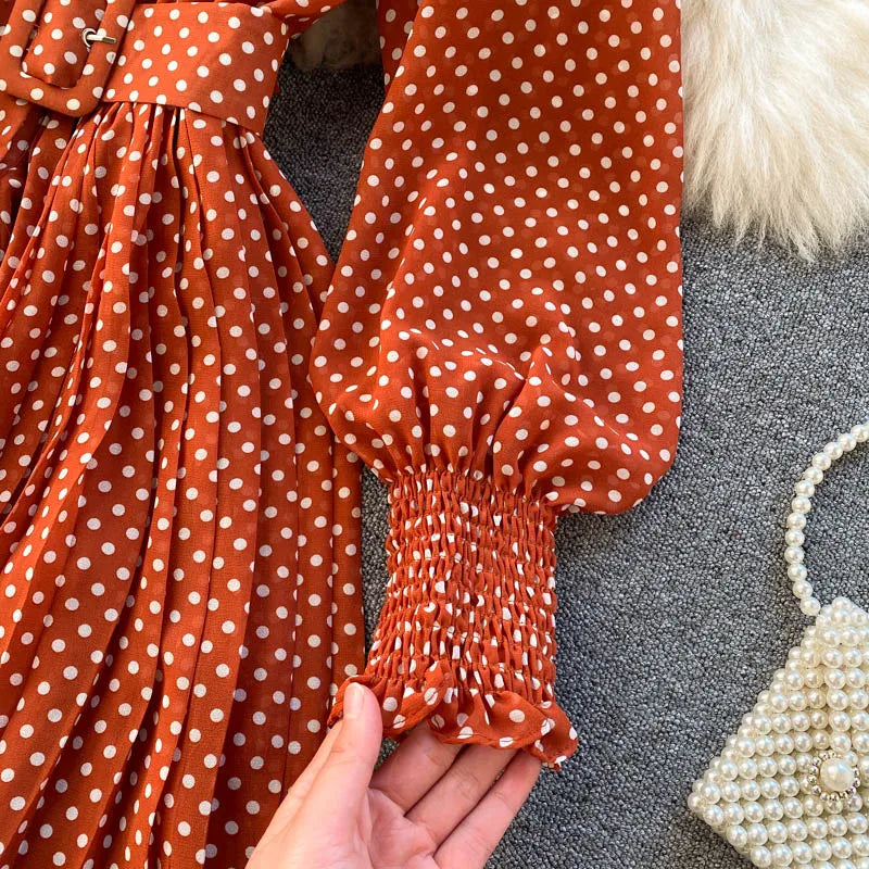 Women's Long Sleeve Polka Dot Pleated Dress Autumn Fashion Vintage Chiffon Casual Shirt Dresses Solid Chic Elegant Female Robe