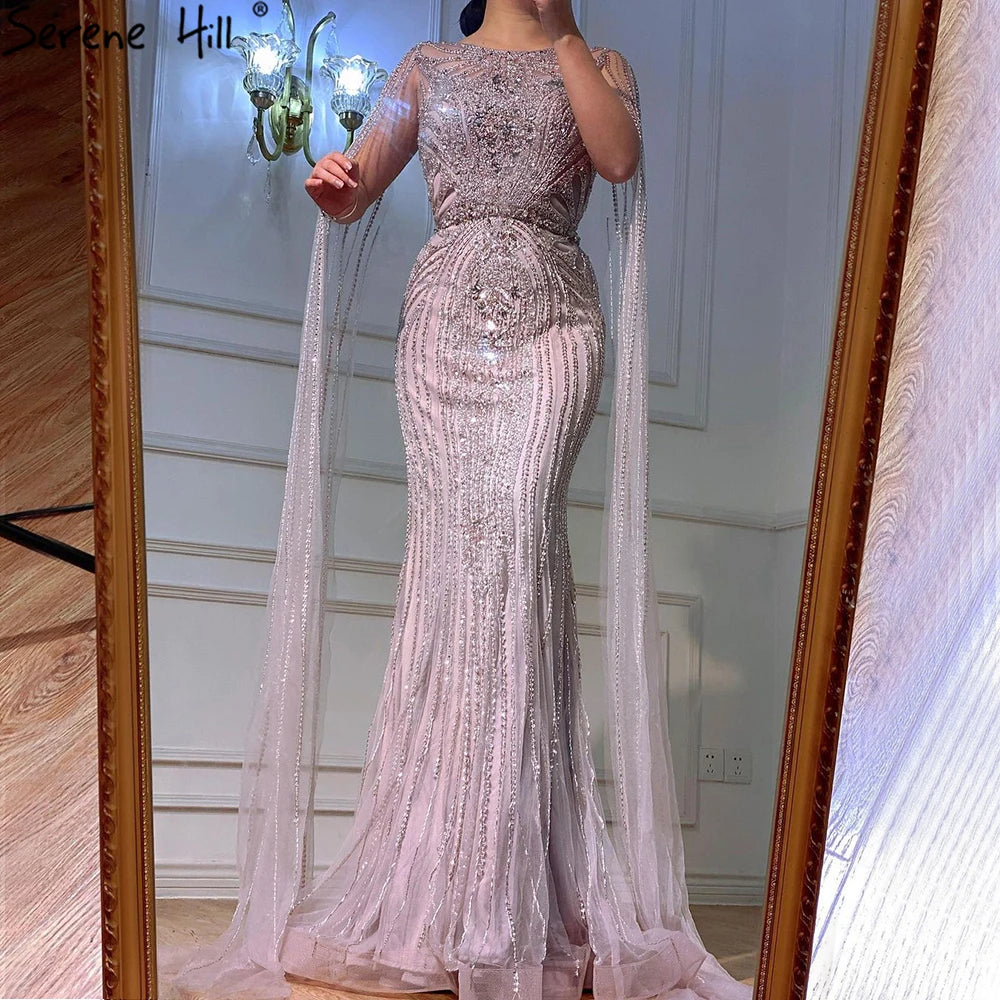 Serene Hill Brown Mermaid Elegant 2024 With Cape Sleeves Beaded Luxury Evening Dresses Gowns For Women Party LA70638