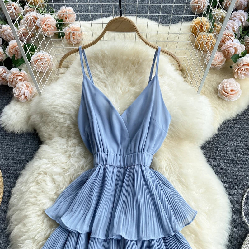 Women Beach Midi Dress 2021 New Summer Sexy V-neck Pleat Layer Ruffled Beach Dresses Ladies Elegant A Line Long Robe Vestido