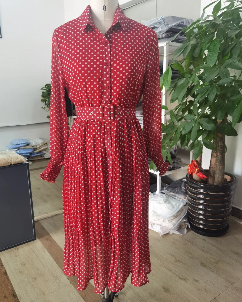 Women's Long Sleeve Polka Dot Pleated Dress Autumn Fashion Vintage Chiffon Casual Shirt Dresses Solid Chic Elegant Female Robe