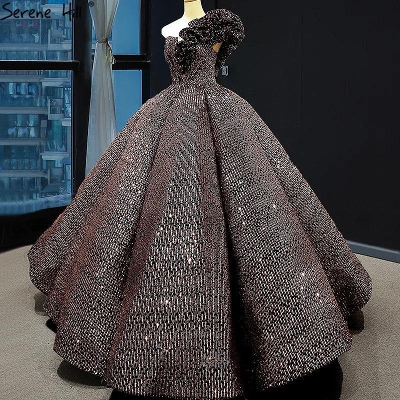 Dubai Brown Sequined Sleeveless Bling Wedding Dress 2024 One Shoulder Luxury Sexy Bridal Gowns HM66860 Cusotm Made