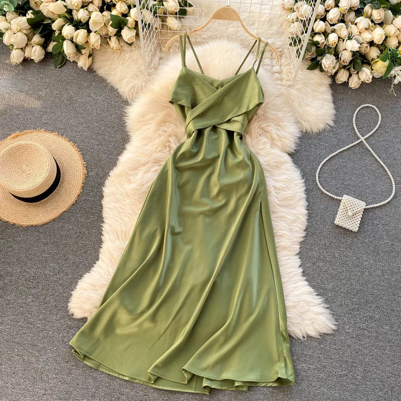 New Women Casual Long Dress Summer Cross V-neck Sexy Off-shoulder Dresses Ladies Sleeveless Slim Satin Long Robe Vestidos