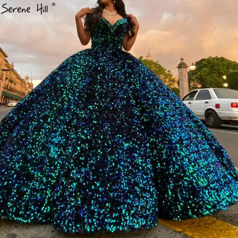 Dubai Sweetheart Sexy Green Luxury Wedding Dresses 2024 Sequined Off Shoulder Bridal Gowns Serene Hill HM66991 Custom Made