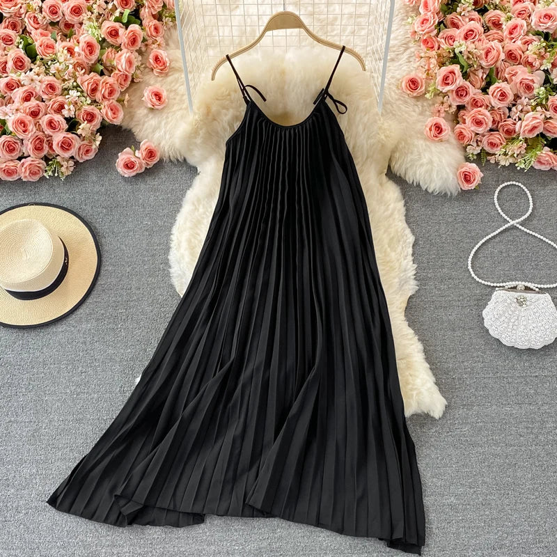 Pinkou Women Stylish Solid Midi Dress Spaghetti Straps O Neck Pleated Red Black Summer Beach Style Mid Calf Dresses QA655