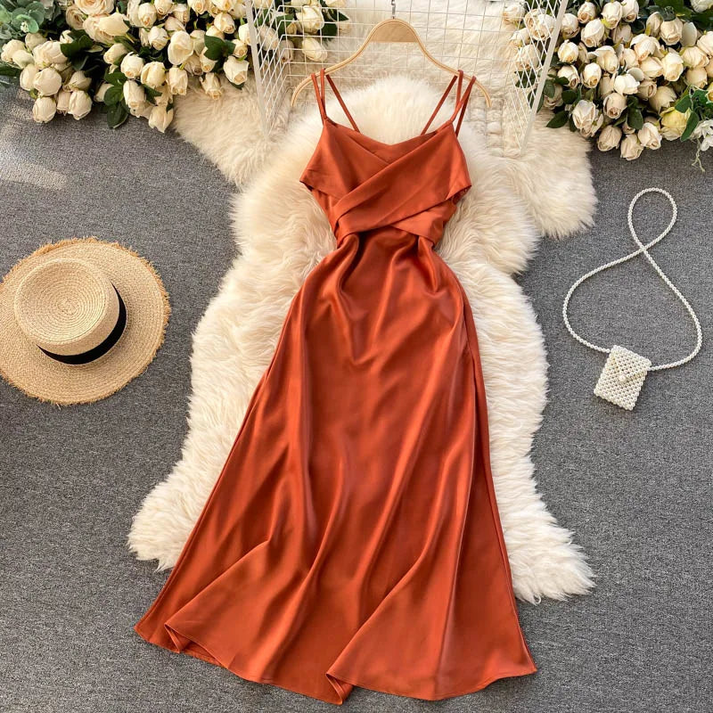 New Women Casual Long Dress Summer Cross V-neck Sexy Off-shoulder Dresses Ladies Sleeveless Slim Satin Long Robe Vestidos
