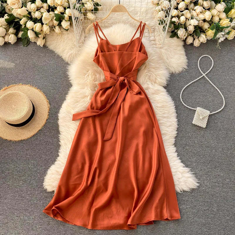 New Women Casual Long Dress Summer Cross V-neck Sexy Off-shoulder Dresses Ladies Sleeveless Slim Satin Long Robe Vestidos