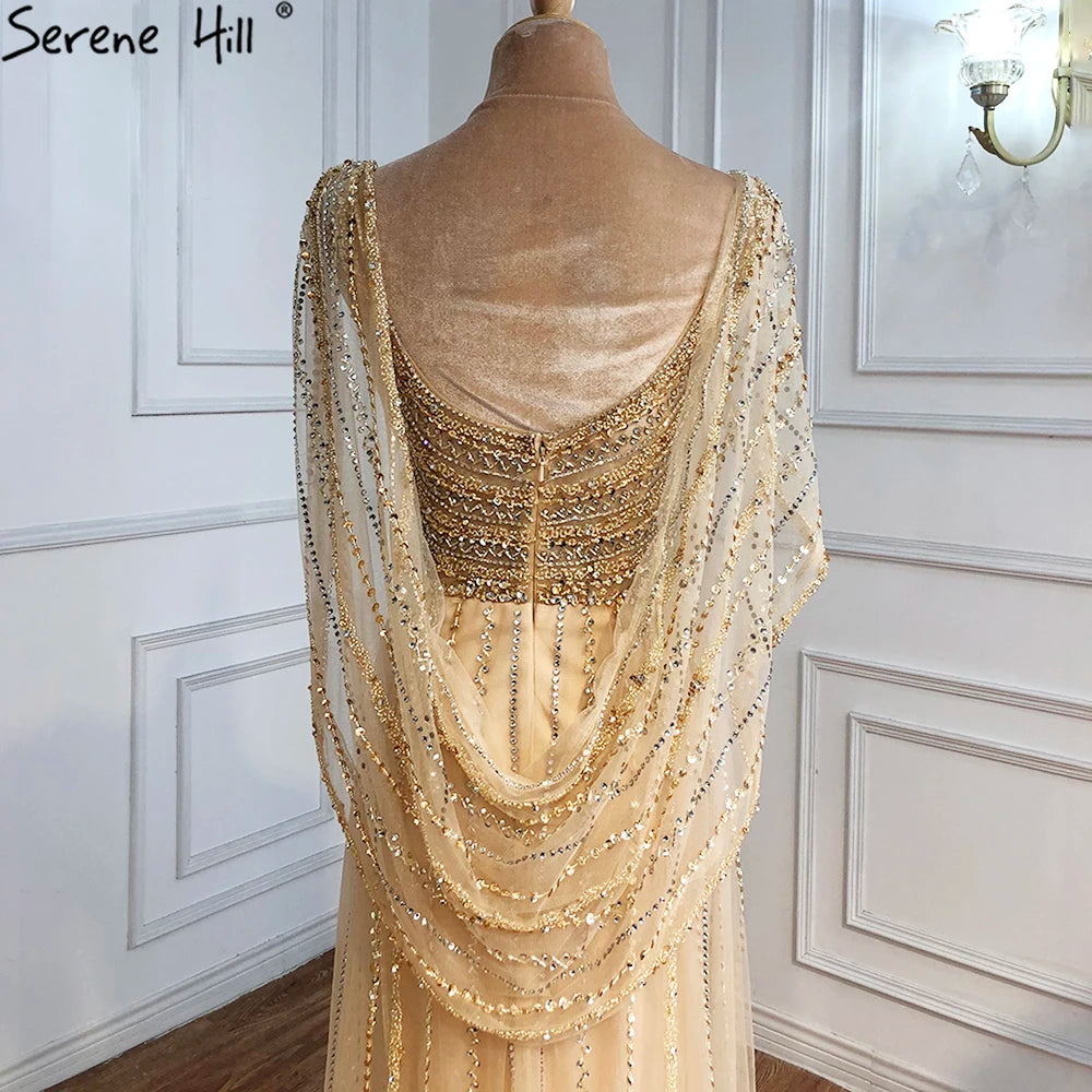 Luxury Champagne Split Evening Dresses 2024 Diamond Beaded Sleeveless Mermaid Formal Serene Hill LA70301