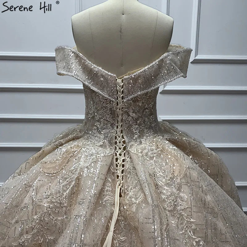 Ivory Off Shoulder Vintage Sexy Wedding Dresses 2024 Sequined Sparkle Sleeveless Luxury Bride Gown Real Photo HA2226 Custom Made