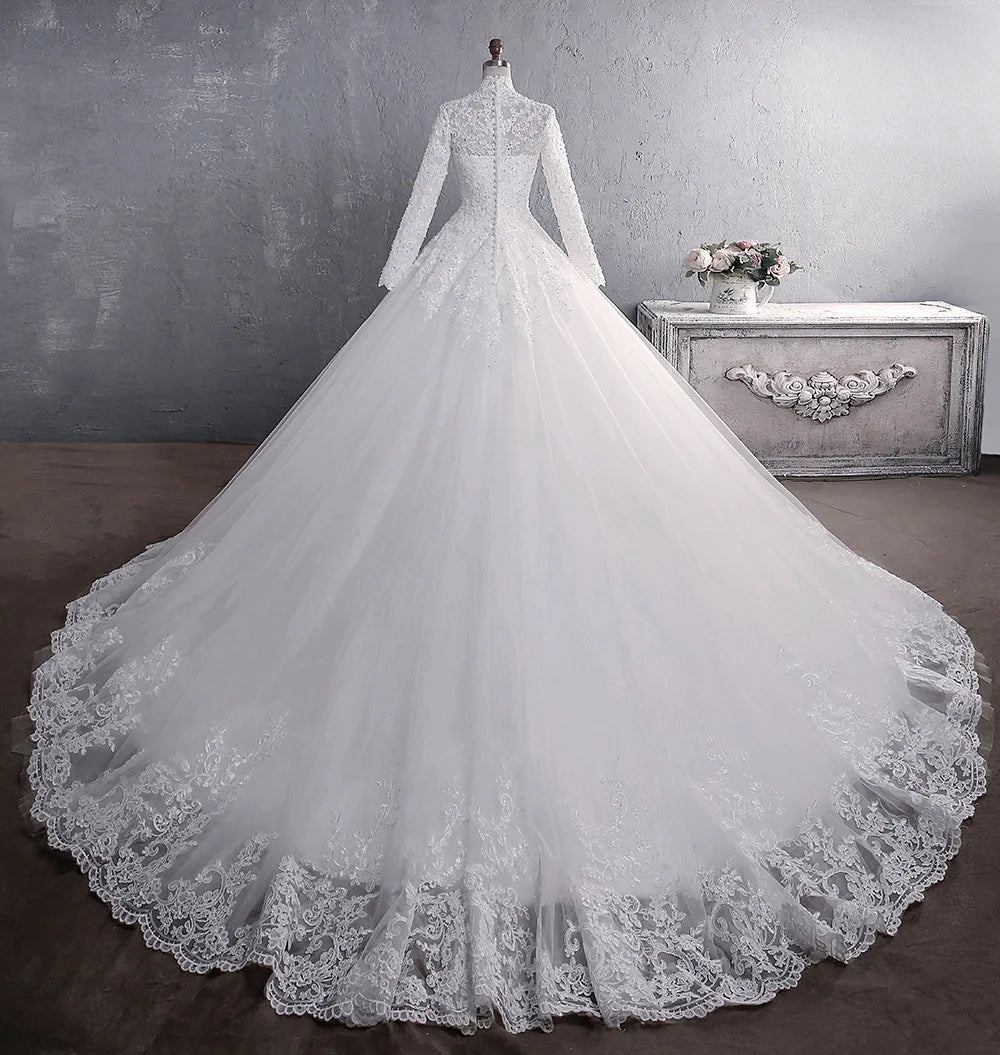 Muslim Wedding Dress 2022 Elegant High Neck With Train Princess Bride Dress Luxury Lace Embroidery Wedding Gown Vestido De Noiva