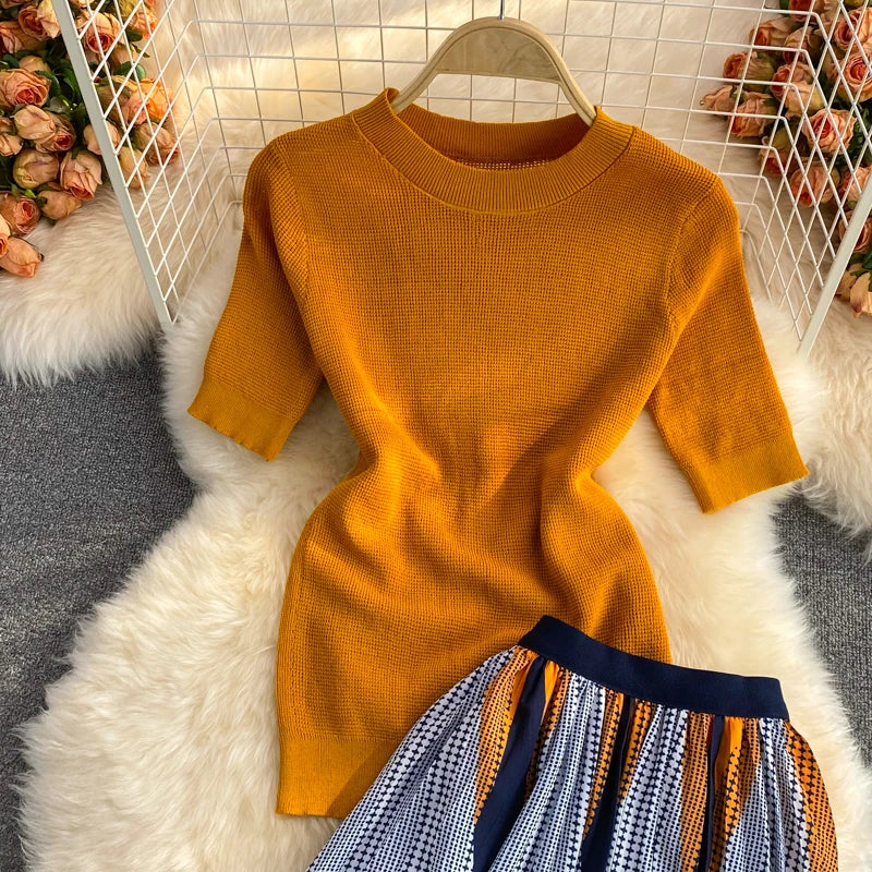 Pinkou Women Elegant Orange Blouse Set Short Sleeve Knitted Shirt Elastic Waist Midi Skirt Summer Two Piece Set Mujer TZ33