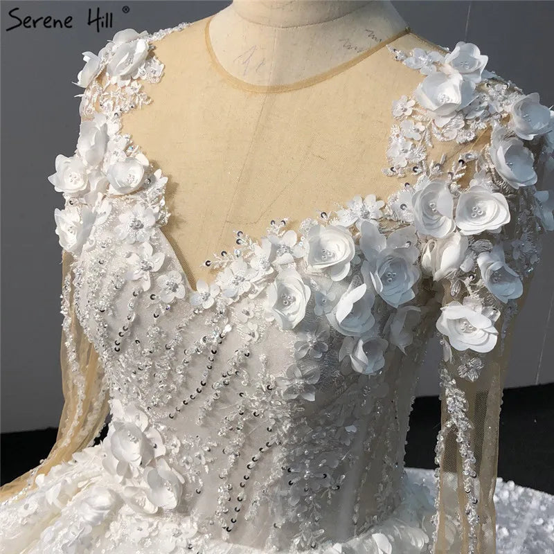 Ivory Long Sleeves Handmade Flowers Wedding Dresses 2024 Dubai O-Neck Vintage Princess Bridal Gowns HA2263 Custom Made