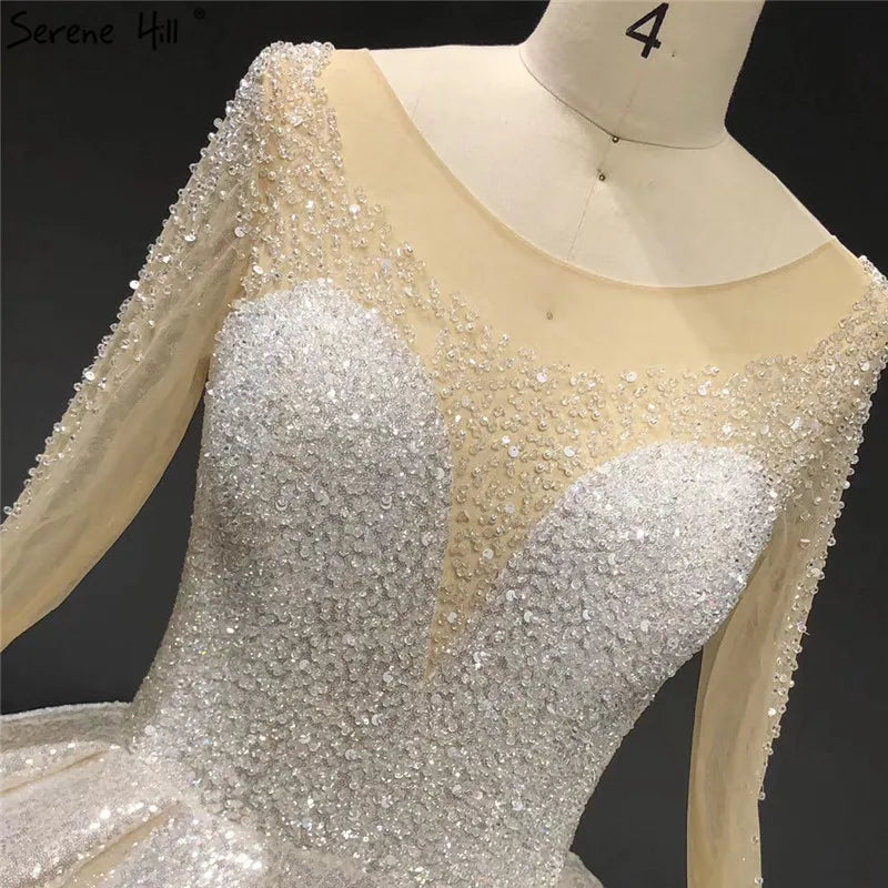 Dubai White Luxury Long Sleeves Wedding Dresses 2024 O-Neck Sequined Beading Lace Up Bridal Gowns Serene Hill HA2266 Cusotm Made