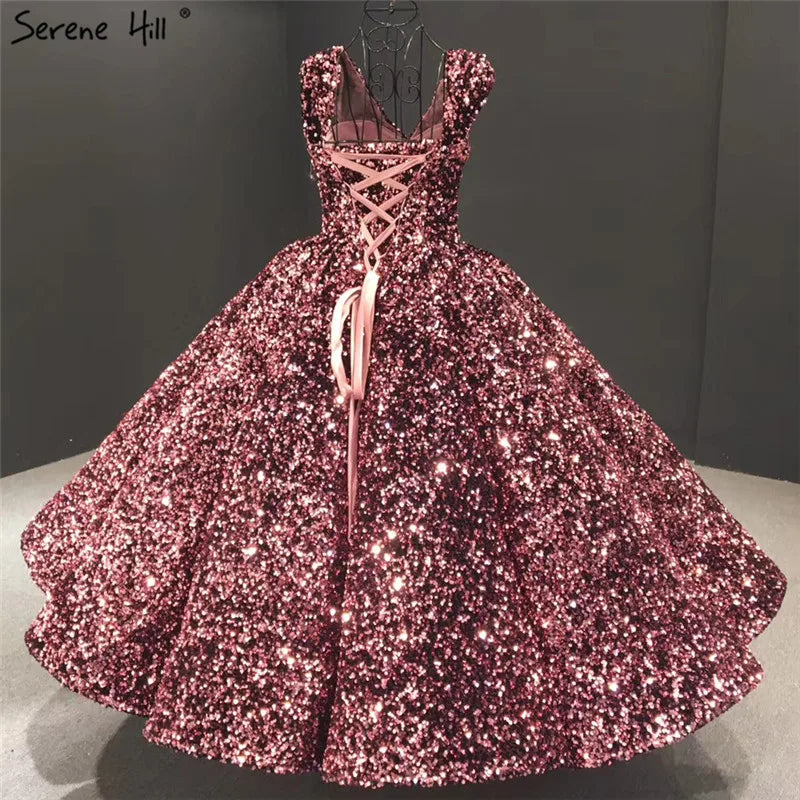 Indigo Blue Gold V-Neck Luxury Evening Dresses 2024 Sleeveless Sequined Sexy Ankle-Length Formal Gowns Serene Hill HA2154