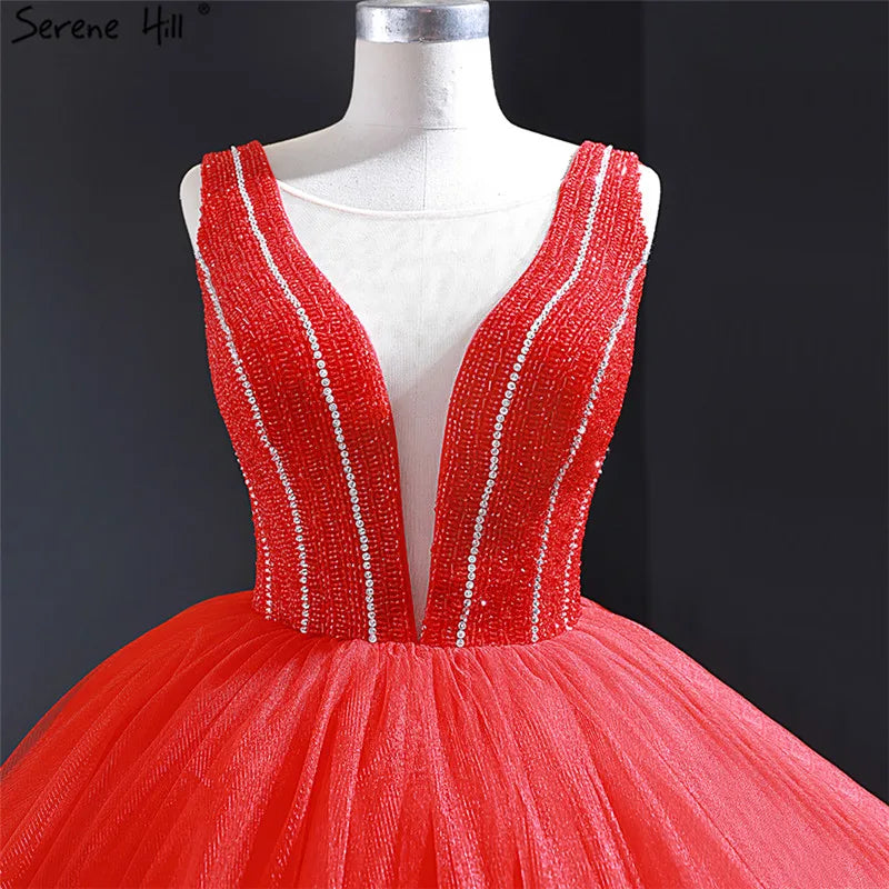 Dubai Red Sexy V-Neck Evening Dresses 2024 Real Photo Beading Sleeveless Lace Up Evening Gowns Serene Hill HM66968