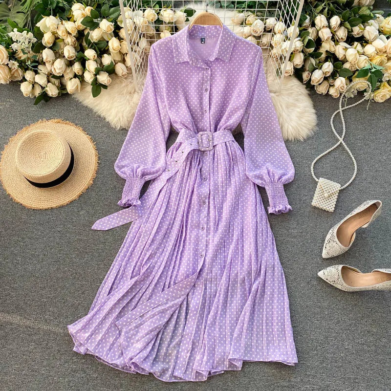 Women's Long Sleeve Polka Dot Pleated Dress Autumn Fashion Vintage Chiffon Casual Shirt Dresses Solid Chic Elegant Female Robe
