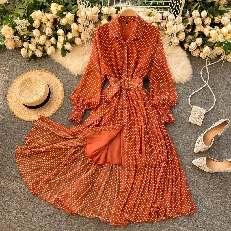 Women's Long Sleeve Polka Dot Pleated Dress Autumn Fashion Vintage Chiffon Casual Shirt Dresses Solid Chic Elegant Female Robe