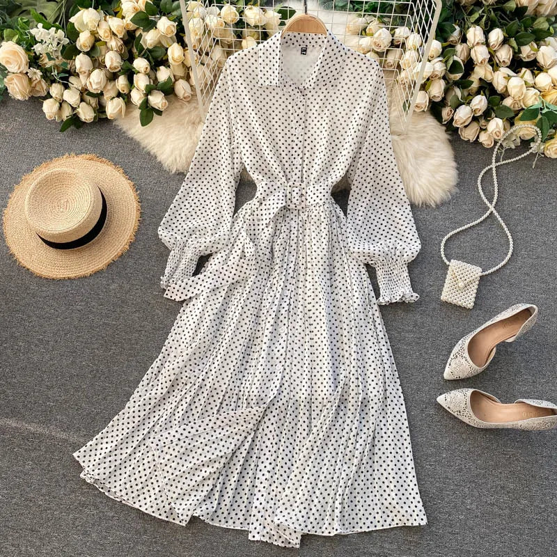 Women's Long Sleeve Polka Dot Pleated Dress Autumn Fashion Vintage Chiffon Casual Shirt Dresses Solid Chic Elegant Female Robe