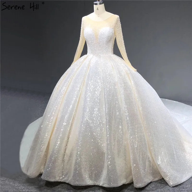 Dubai White Luxury Long Sleeves Wedding Dresses 2024 O-Neck Sequined Beading Lace Up Bridal Gowns Serene Hill HA2266 Cusotm Made