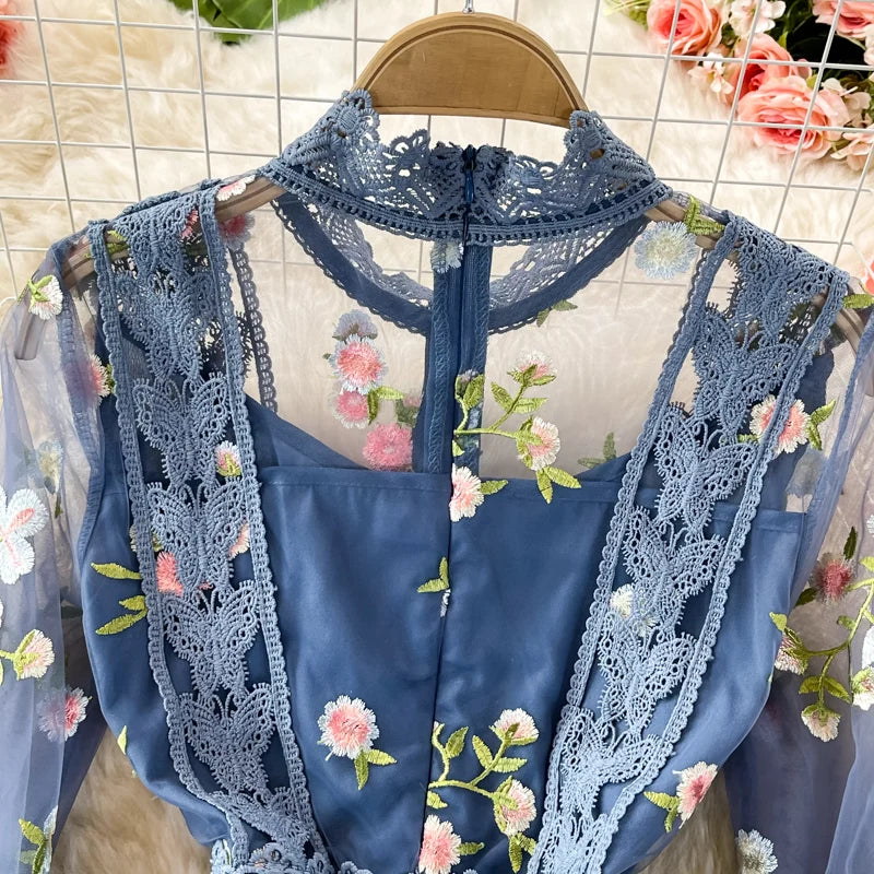 New Fashion Autumn Women O Neck Long Sleeve Mesh Embroidery Hook Flower Slim A-line Dress Elegant Female Party Clothes Vestidos