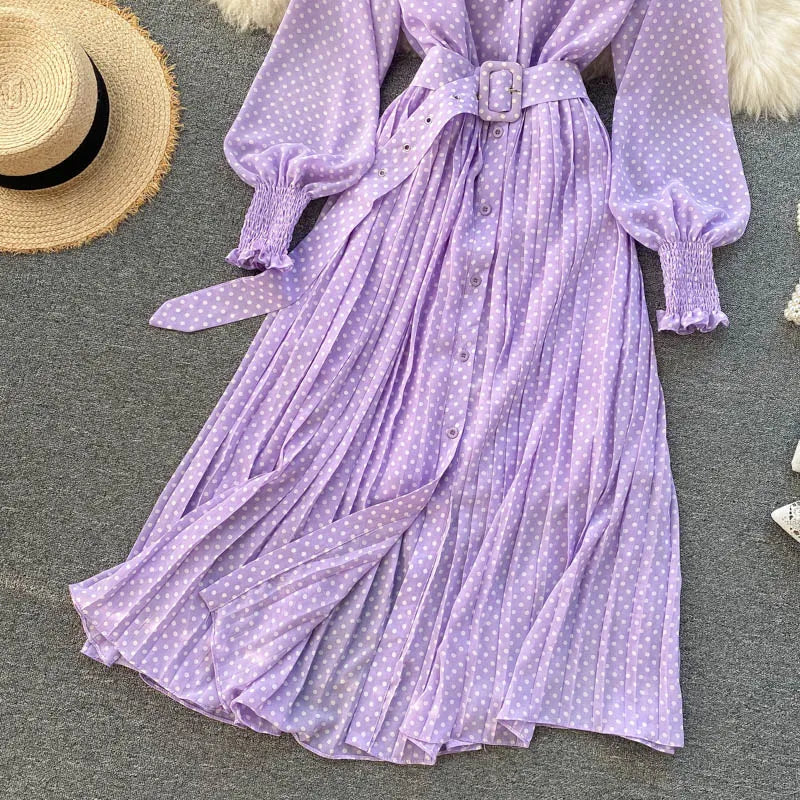 Women's Long Sleeve Polka Dot Pleated Dress Autumn Fashion Vintage Chiffon Casual Shirt Dresses Solid Chic Elegant Female Robe