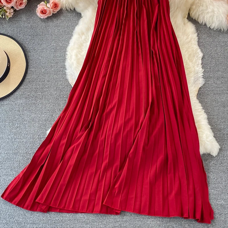 Pinkou Women Stylish Solid Midi Dress Spaghetti Straps O Neck Pleated Red Black Summer Beach Style Mid Calf Dresses QA655